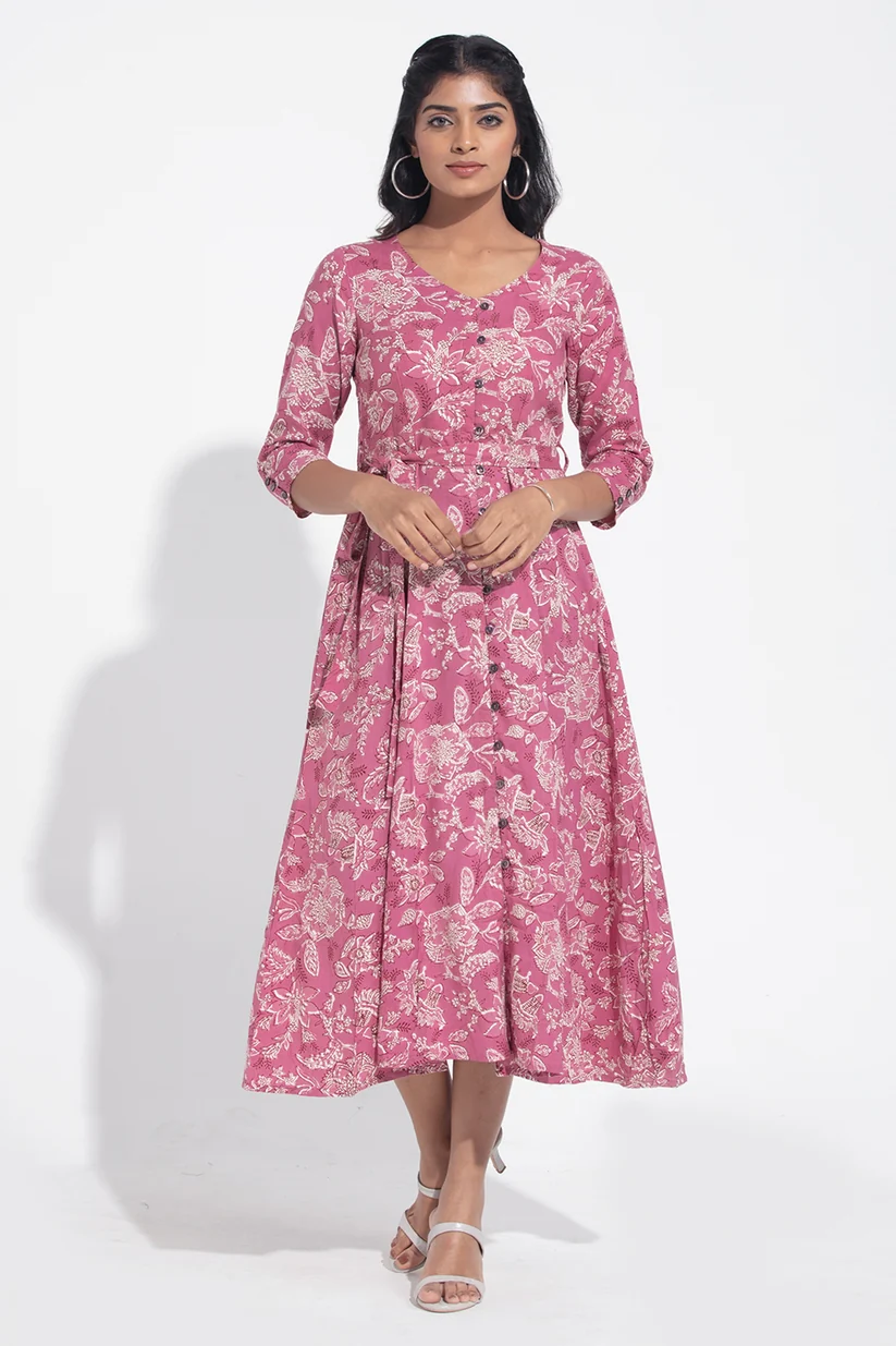 Botanical Floral Printed A-Line Pink Dress